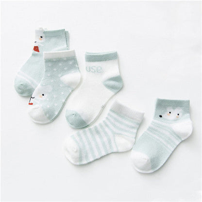 Stevvex five-pair infant baby socks set, breathable mesh cotton in light blue and white with cute animal faces on Tampa Home & Garden Store