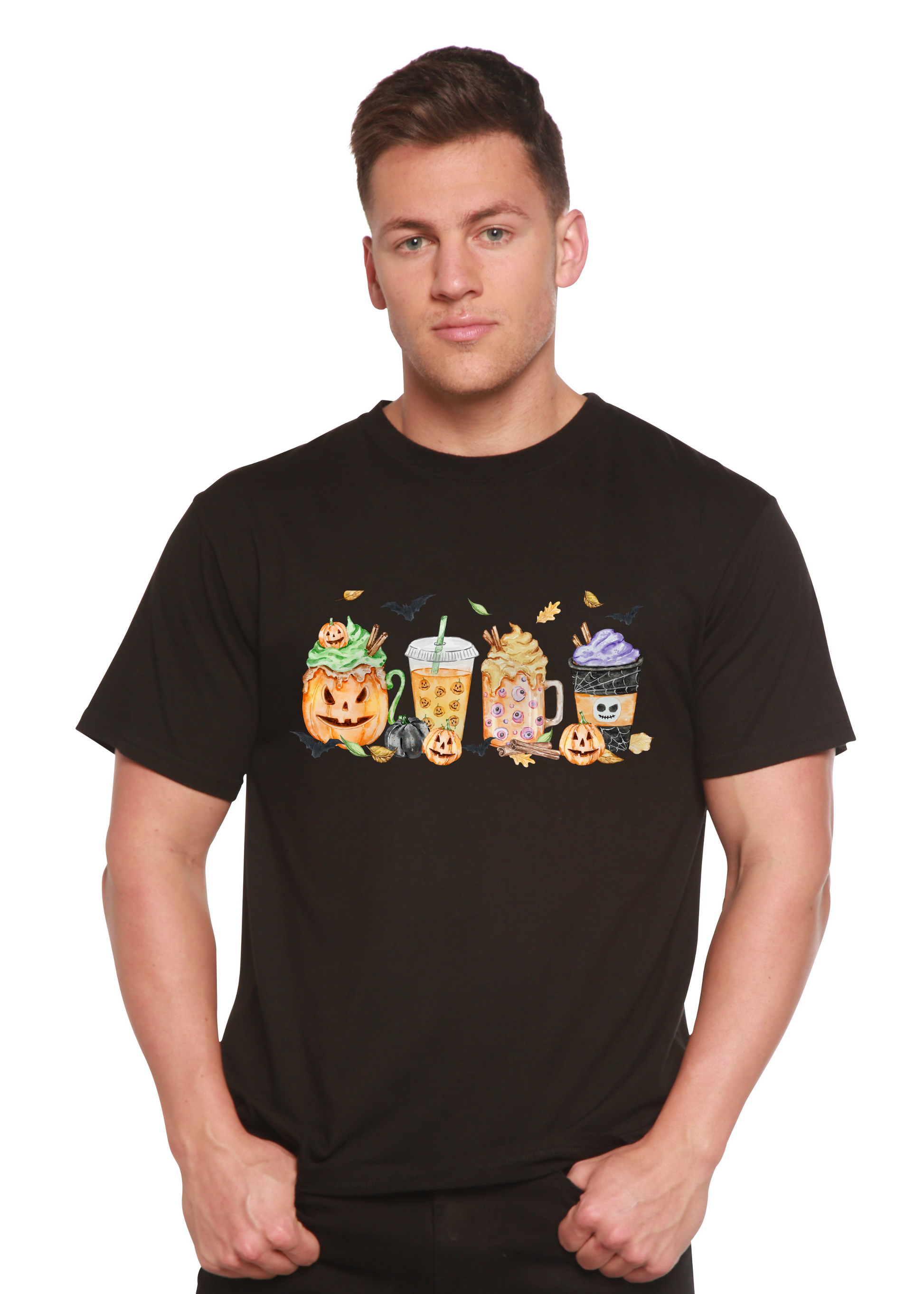 Happy Halloween men's bamboo viscose organic cotton graphic T-shirt with pumpkin cup print on Tampa Home & Garden Store