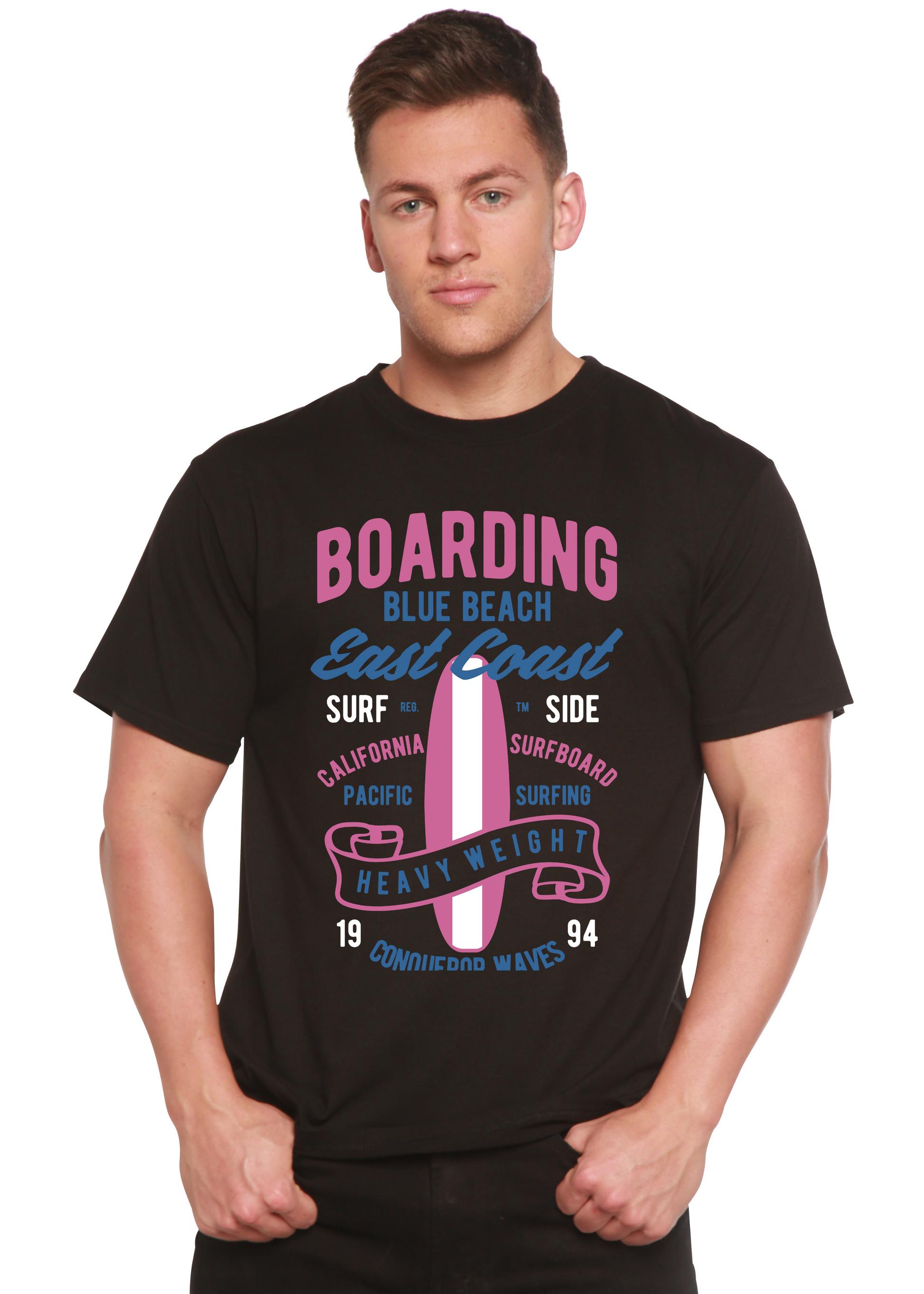Boarding Blue Beach graphic T-shirt, black with pink BOARDING and surf by Spun Bamboo Tampa on Tampa Home & Garden Store