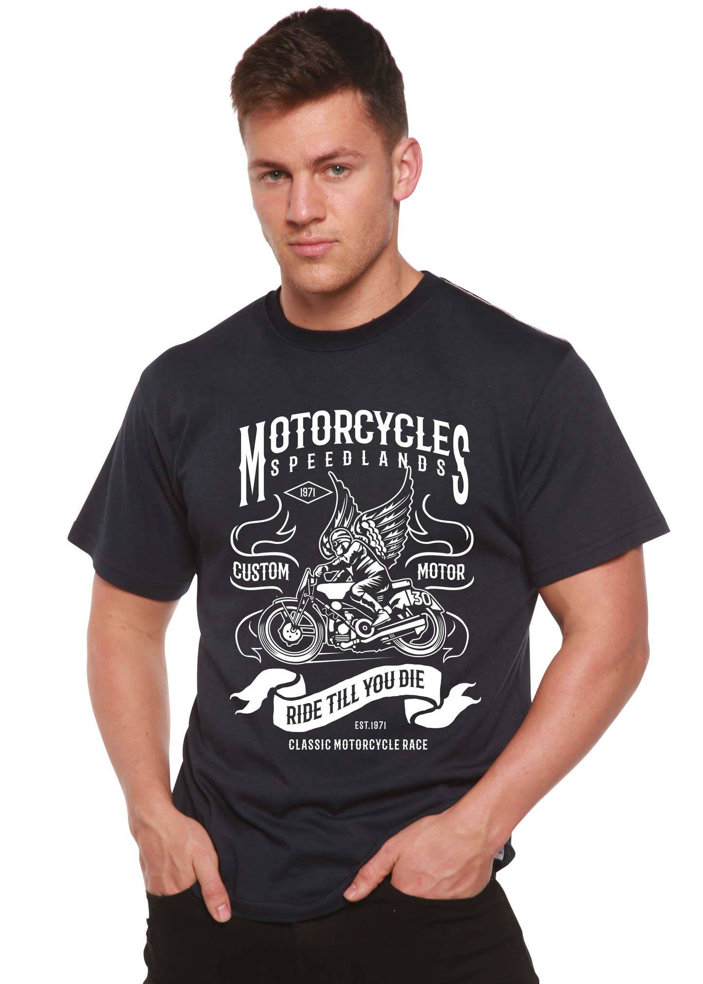 Motorcycles graphic men's short-sleeve T-shirt in black with bamboo viscose/organic cotton blend on Tampa Home & Garden Store