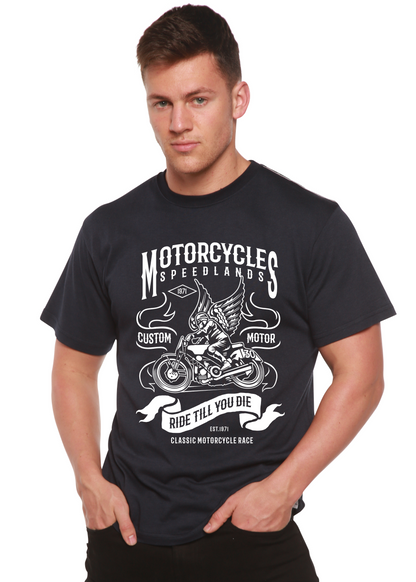 Motorcycles graphic men's short-sleeve T-shirt in black with bamboo viscose/organic cotton blend on Tampa Home & Garden Store