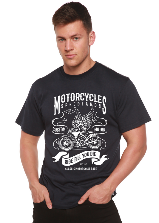 Motorcycles graphic men's short-sleeve T-shirt in black with bamboo viscose/organic cotton blend on Tampa Home & Garden Store