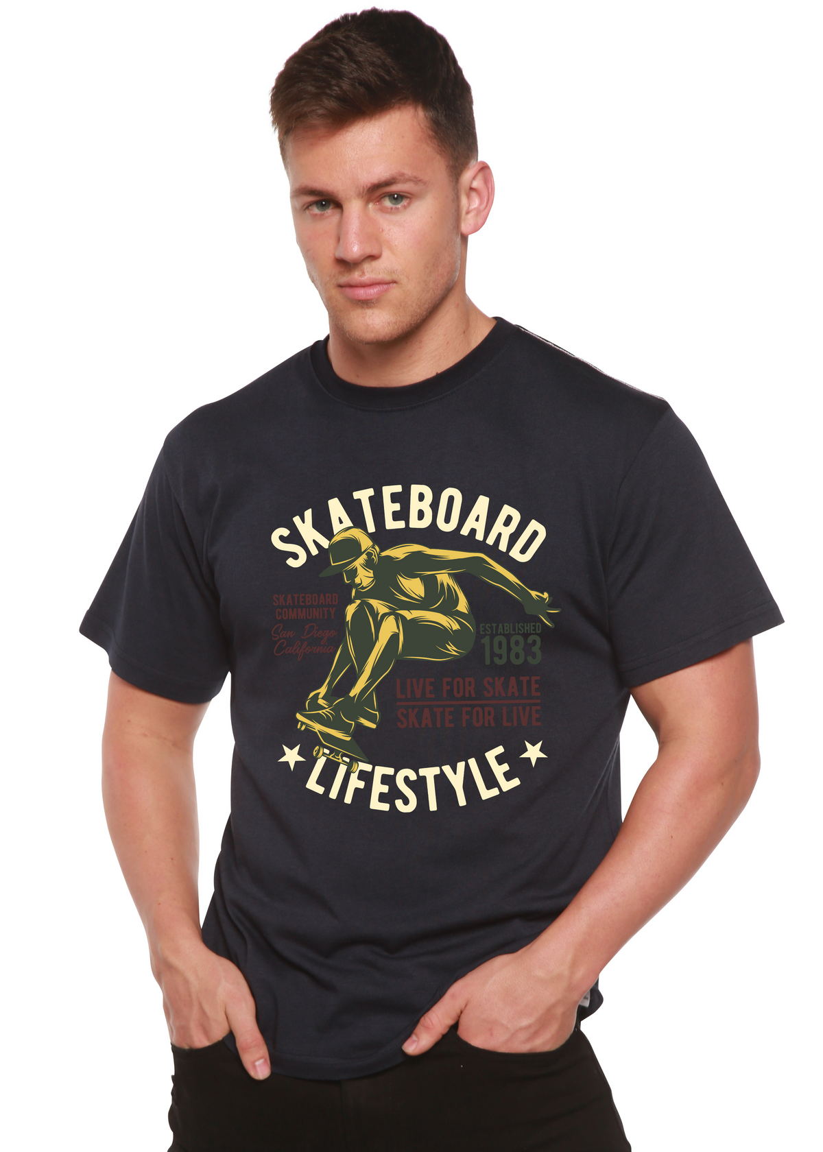Spun Bamboo skateboard lifestyle men's graphic t-shirt in navy bamboo viscose/organic cotton on Tampa Home & Garden Store