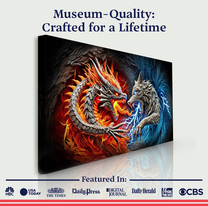 3D Dragon & Wolf Wall Art II canvas with fiery dragon and icy blue wolf by Tailored Canvases on Tampa Home & Garden Store