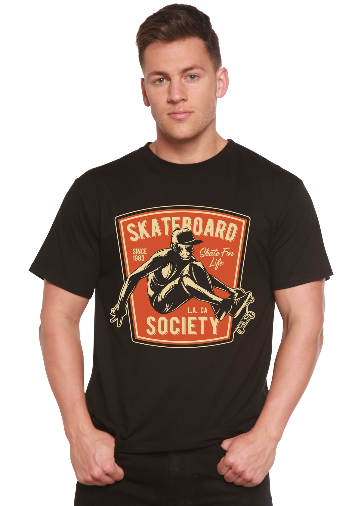 Skateboard Society men's graphic tee black with orange skateboard print bamboo cotton blend on Tampa Home & Garden Store