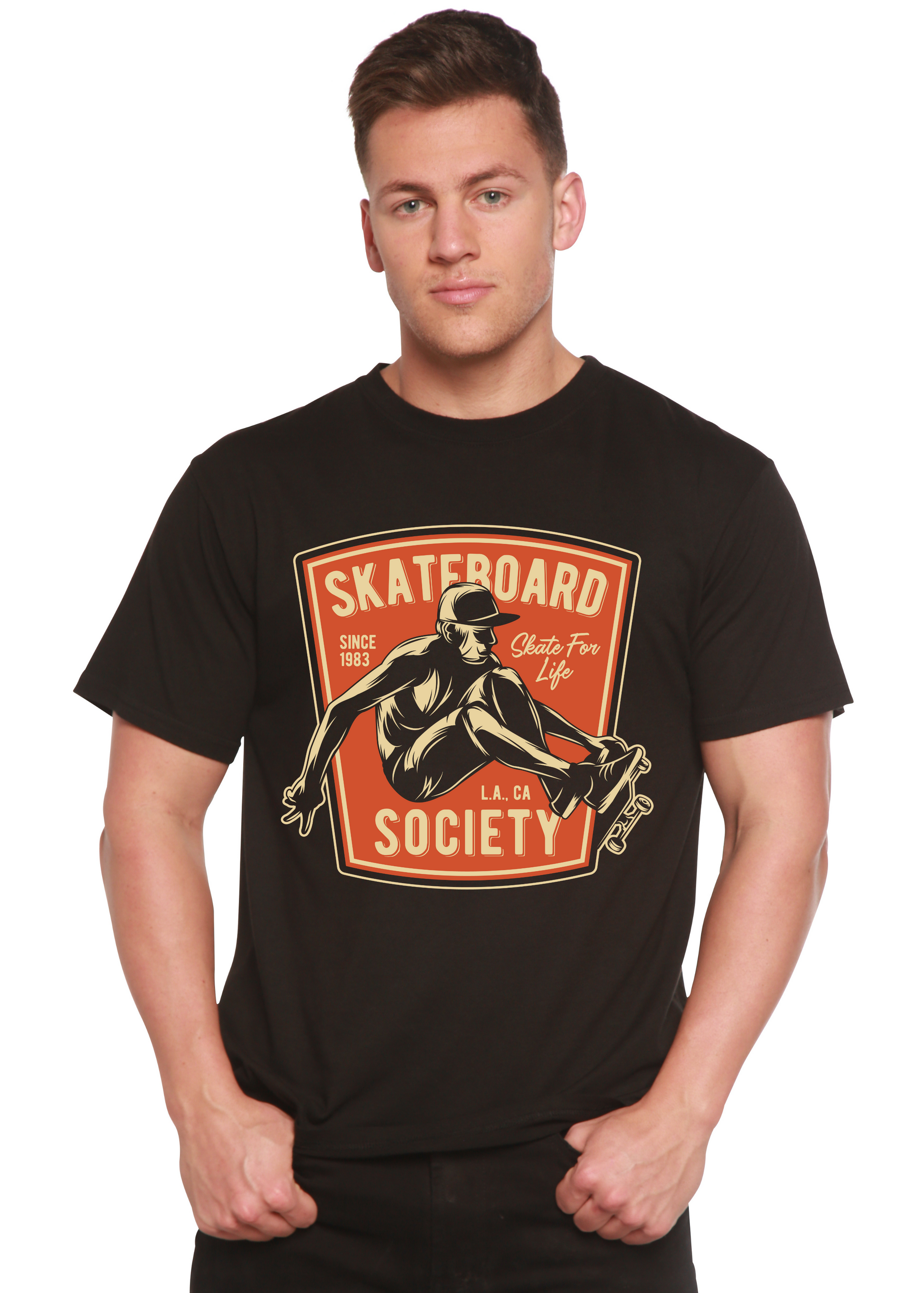 Skateboard Society men's graphic tee black with orange skateboard print bamboo cotton blend on Tampa Home & Garden Store