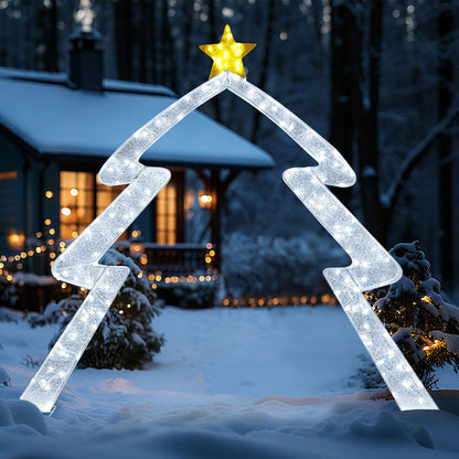 8.8 ft Christmas tree-shaped archway with top star, illuminated white LED frame in snowy yard on Tampa Home & Garden Store