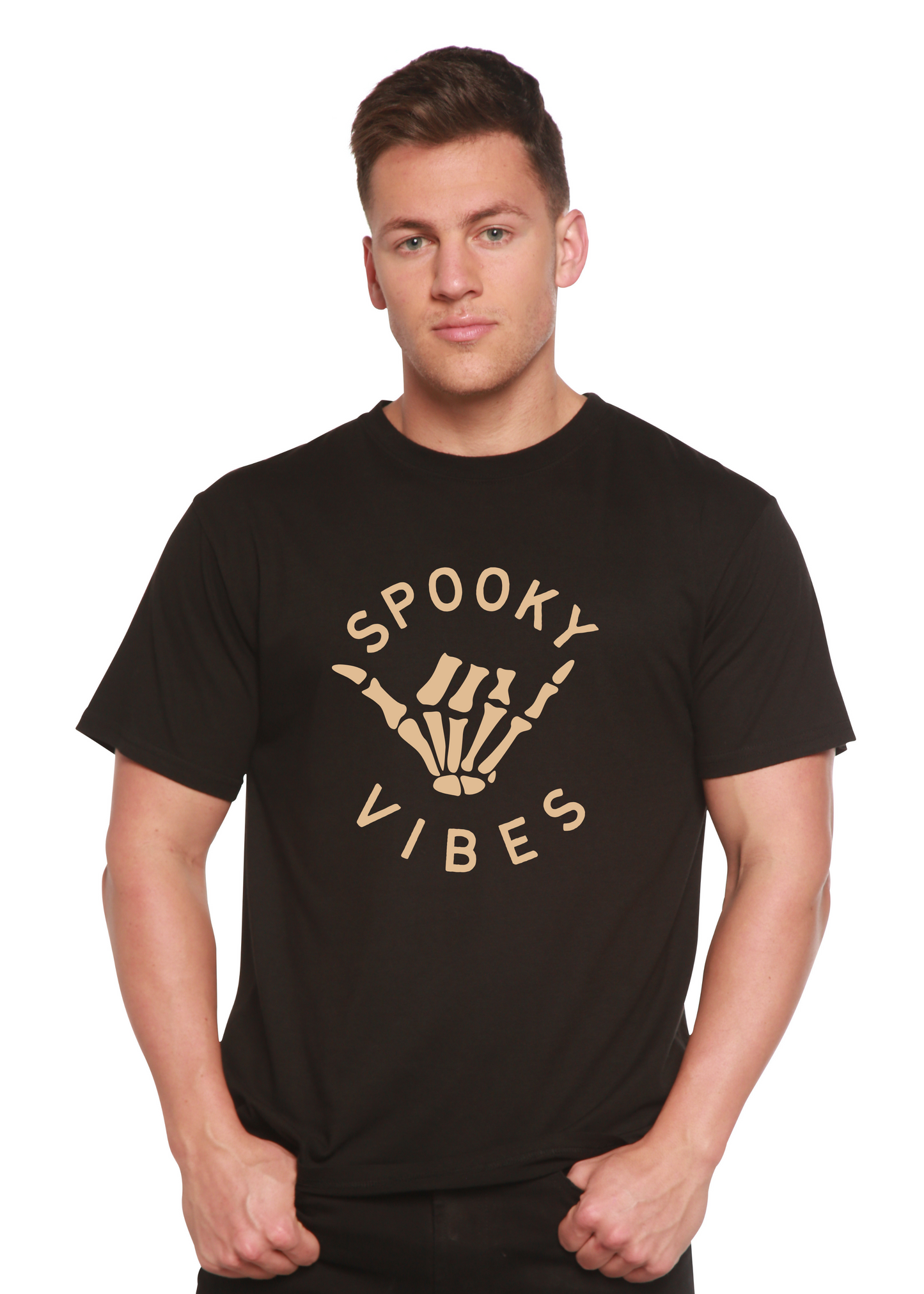 Spooky Vibes men's bamboo viscose/organic cotton tee black skeleton hand print Spun Bamboo on Tampa Home & Garden Store