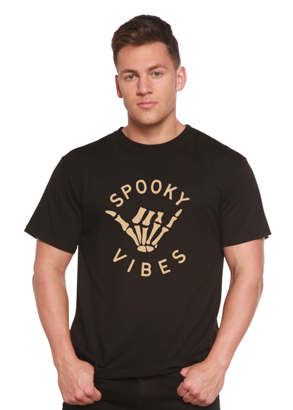 Spooky Vibes men's bamboo viscose/organic cotton tee black skeleton hand print Spun Bamboo on Tampa Home & Garden Store