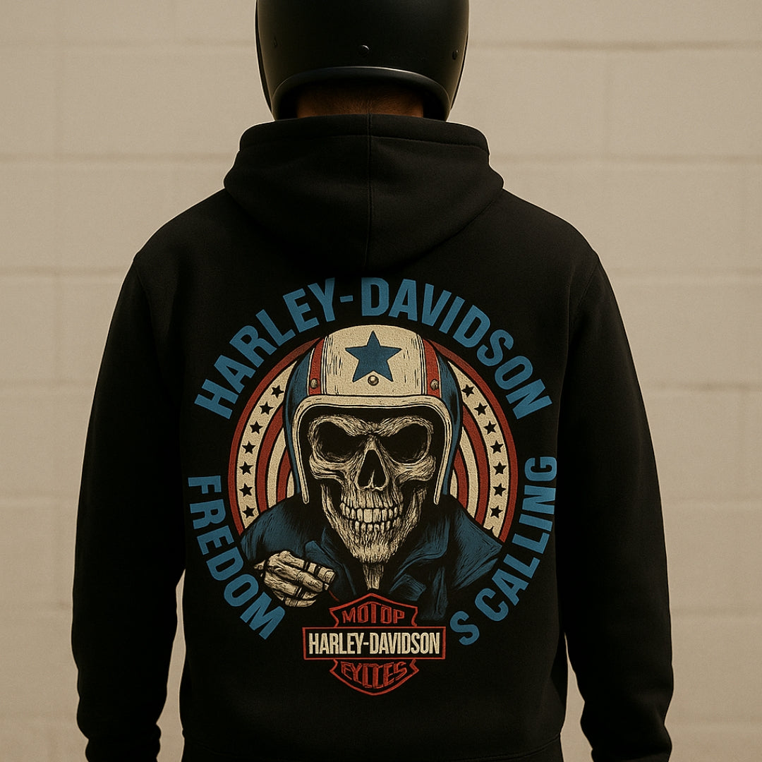 Black hoodie with Harley-Davidson skull helmet back graphic, Milwaukee edition by BikerZoneZ on Tampa Home & Garden Store