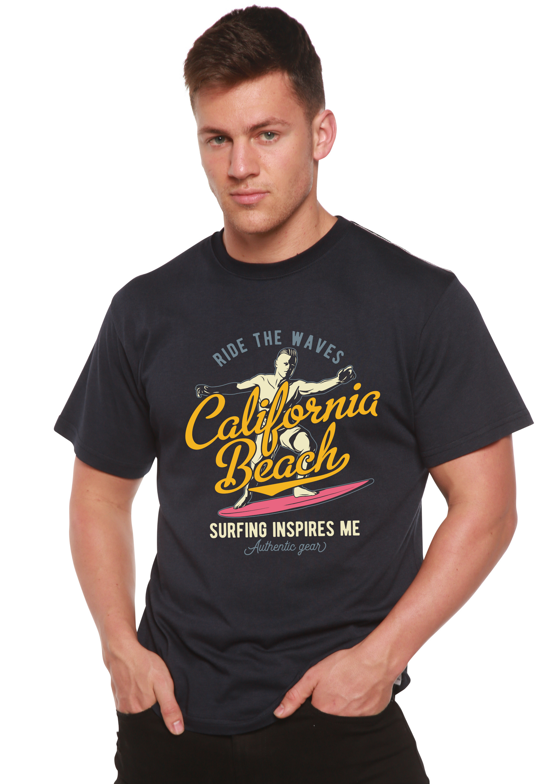 California Beach men's graphic T-shirt in navy by Spun Bamboo; bamboo viscose/organic cotton on Tampa Home & Garden Store