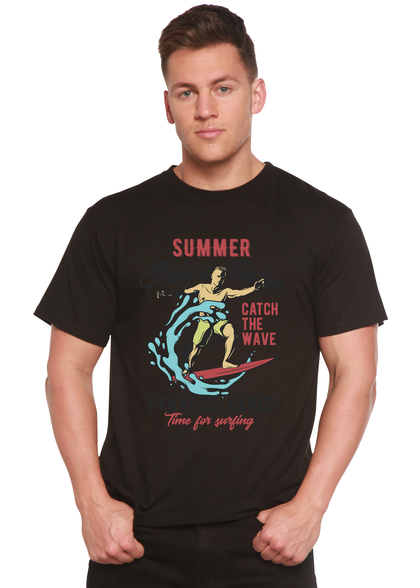 Mens black graphic tee with surfer on turquoise wave, Catch The Wave design by Spun Bamboo on Tampa Home & Garden Store