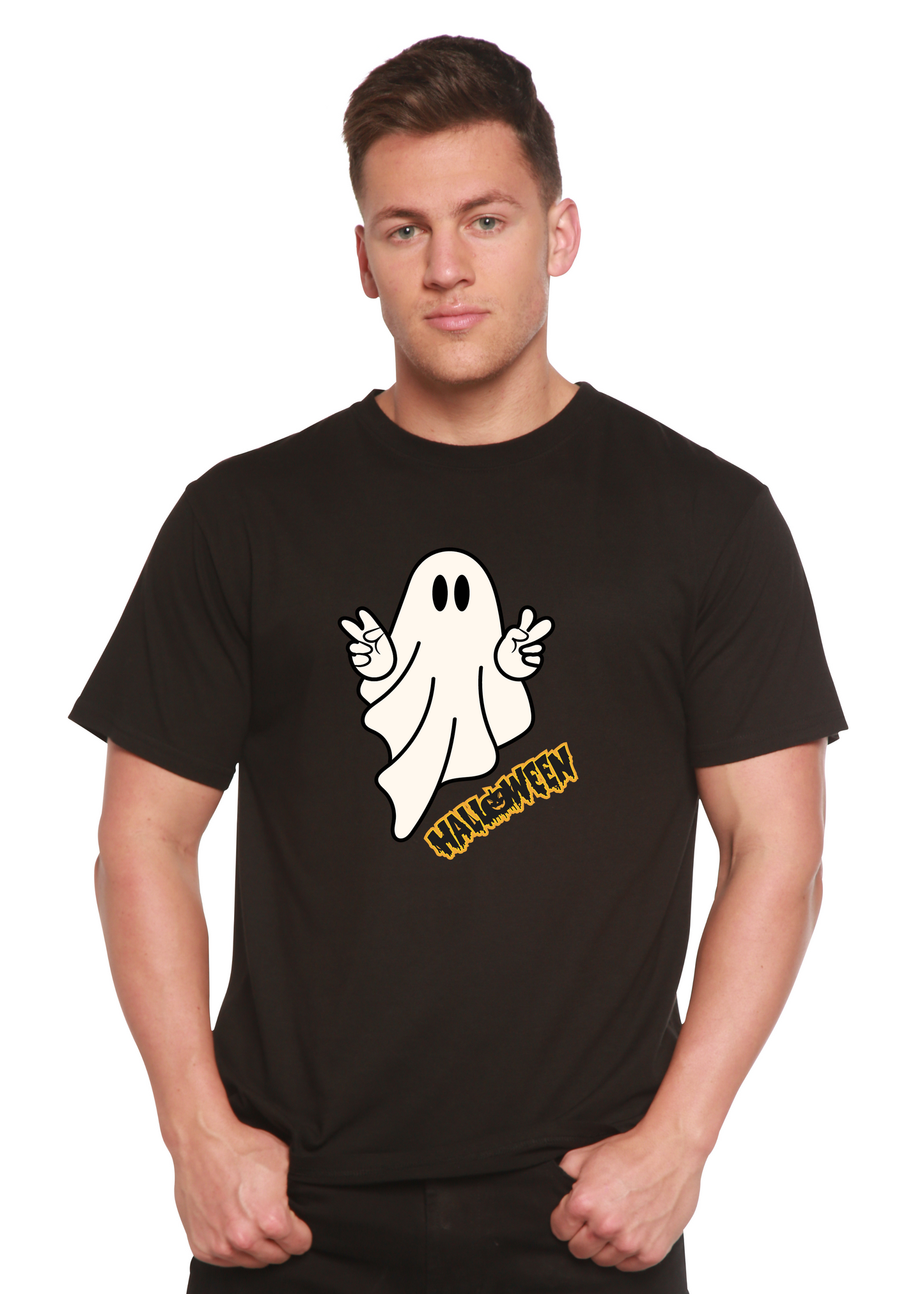 Halloween Ghost bamboo viscose cotton short sleeve tee with ghost on black Spun Bamboo on Tampa Home & Garden Store