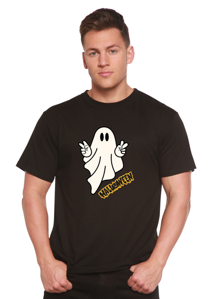 Halloween Ghost bamboo viscose cotton short sleeve tee with ghost on black Spun Bamboo on Tampa Home & Garden Store
