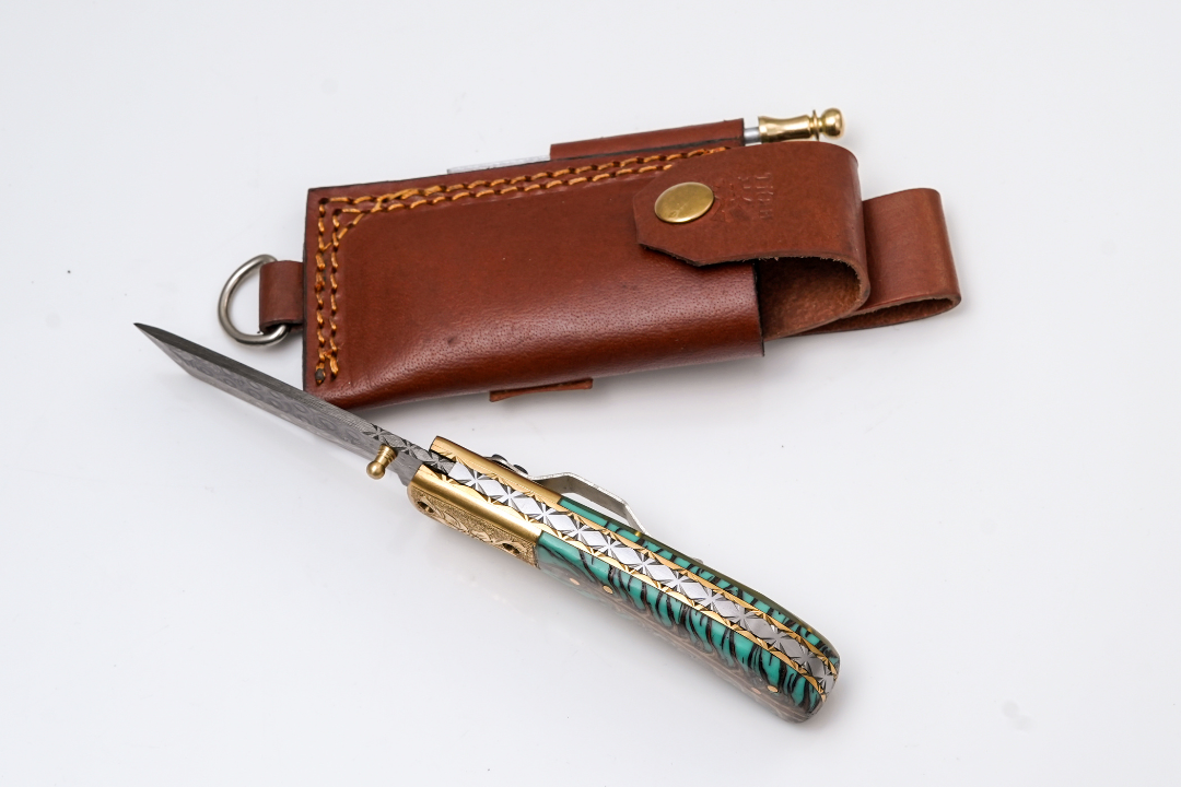 Damascus Tanto Folder teal pinecone handle brass bolster sheath Titan K locking blade on Tampa Home & Garden Store