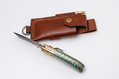 Damascus Tanto Folder teal pinecone handle brass bolster sheath Titan K locking blade on Tampa Home & Garden Store