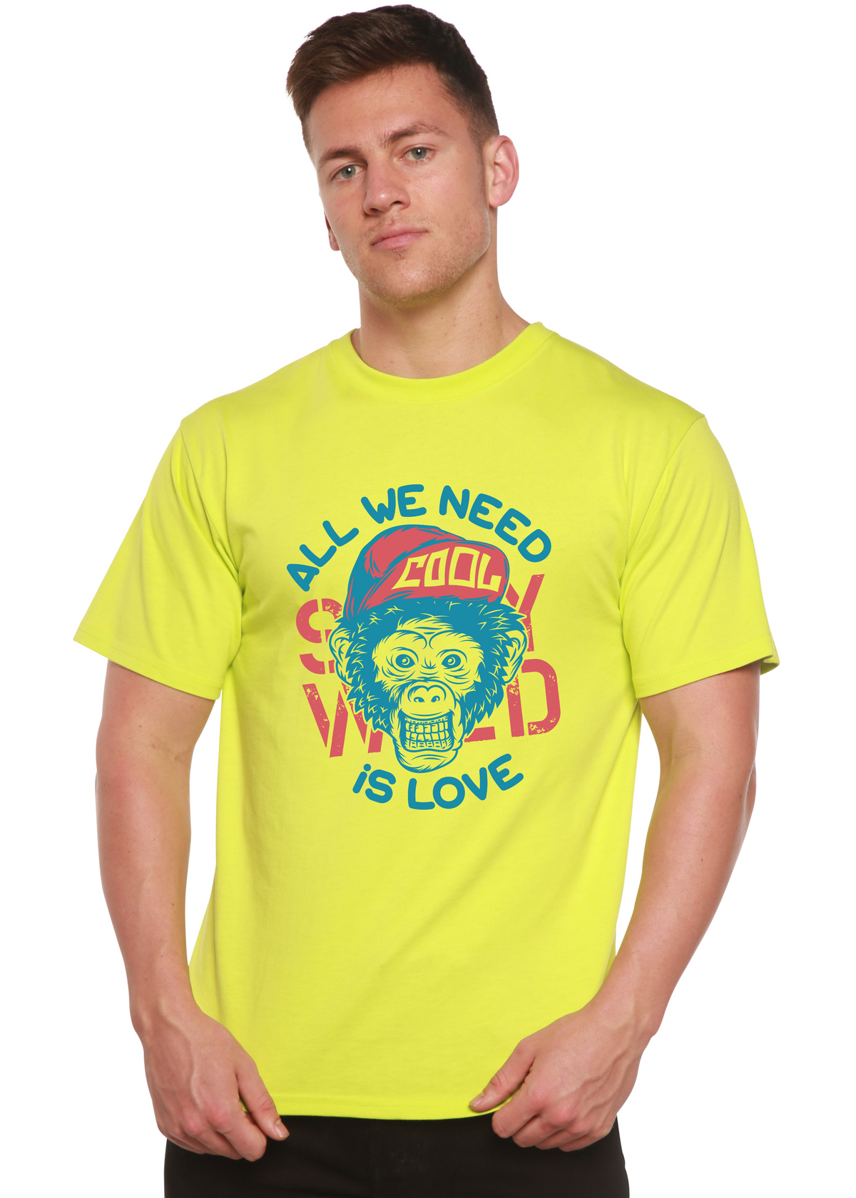 All We Need is Love men's bamboo tee neon yellow with monkey print by Spun Bamboo on Tampa Home & Garden Store