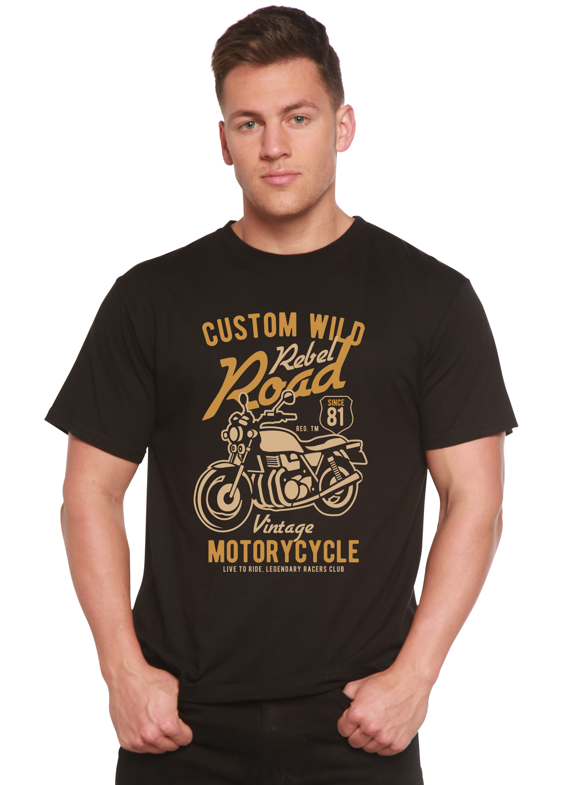 Custom Wild bamboo short sleeve graphic shirt by Spun Bamboo with beige motorcycle print on Tampa Home & Garden Store