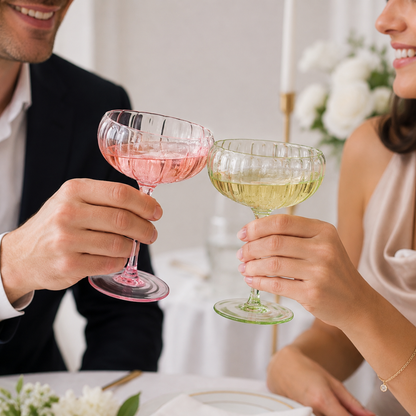 Set of six bright flower coupe cocktail glasses