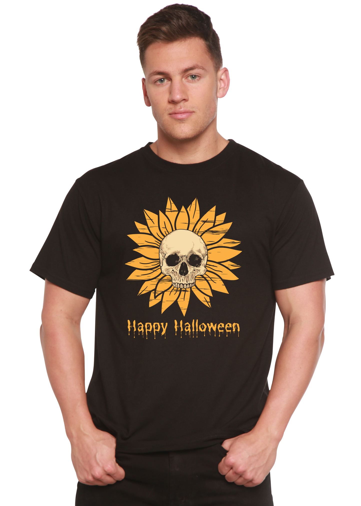 Men's black short-sleeve graphic t-shirt with orange sunflower skull on Tampa Home & Garden Store