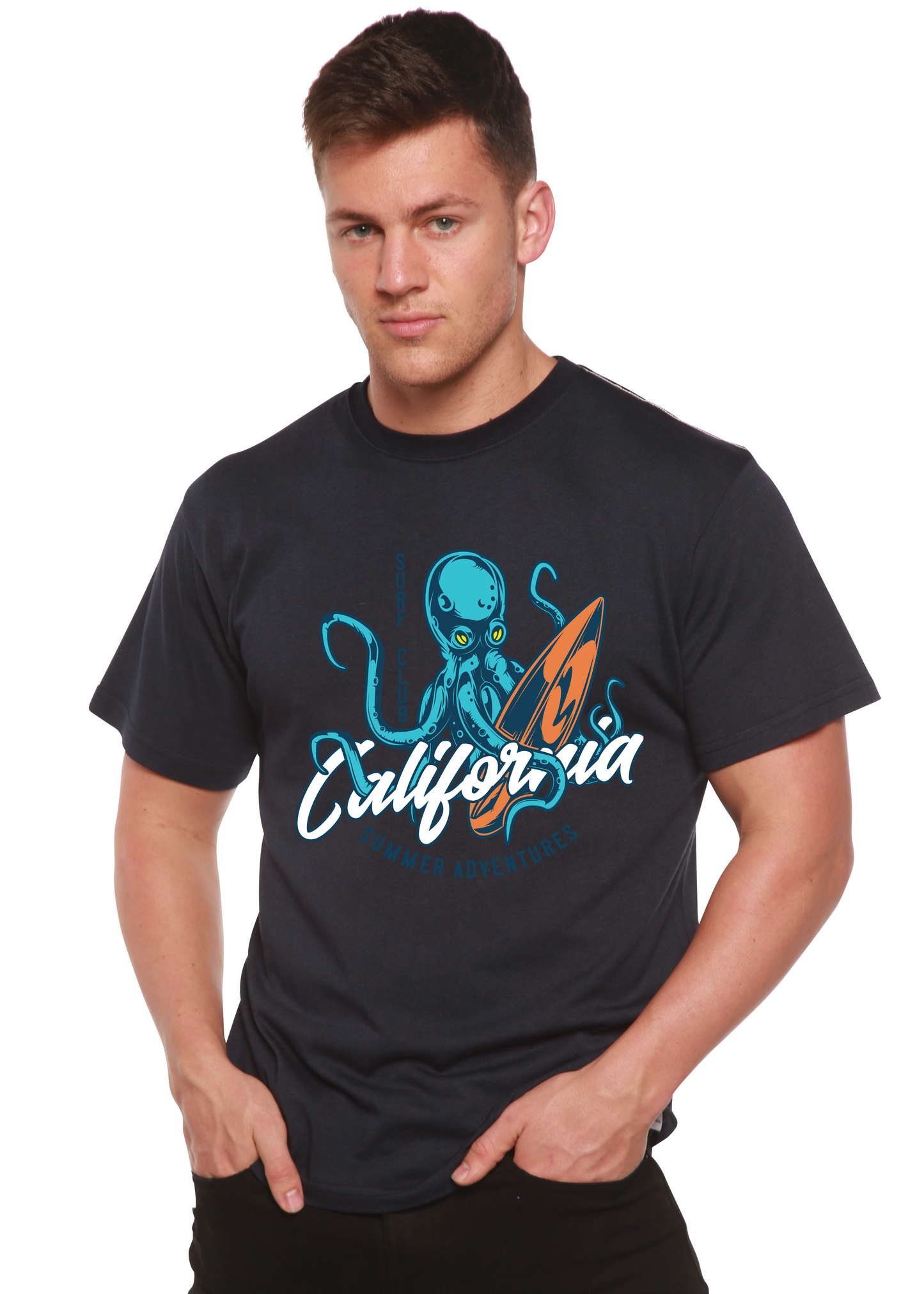 Men's navy bamboo viscose organic cotton graphic t-shirt by Spun Bamboo with California Summer Adventures print featuring blue octopus and orange surfboard on Tampa Home & Garden Store