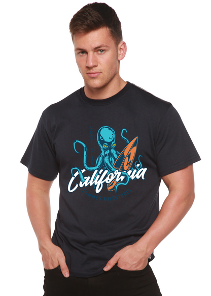 Men's navy bamboo viscose organic cotton graphic t-shirt by Spun Bamboo with California Summer Adventures print featuring blue octopus and orange surfboard on Tampa Home & Garden Store