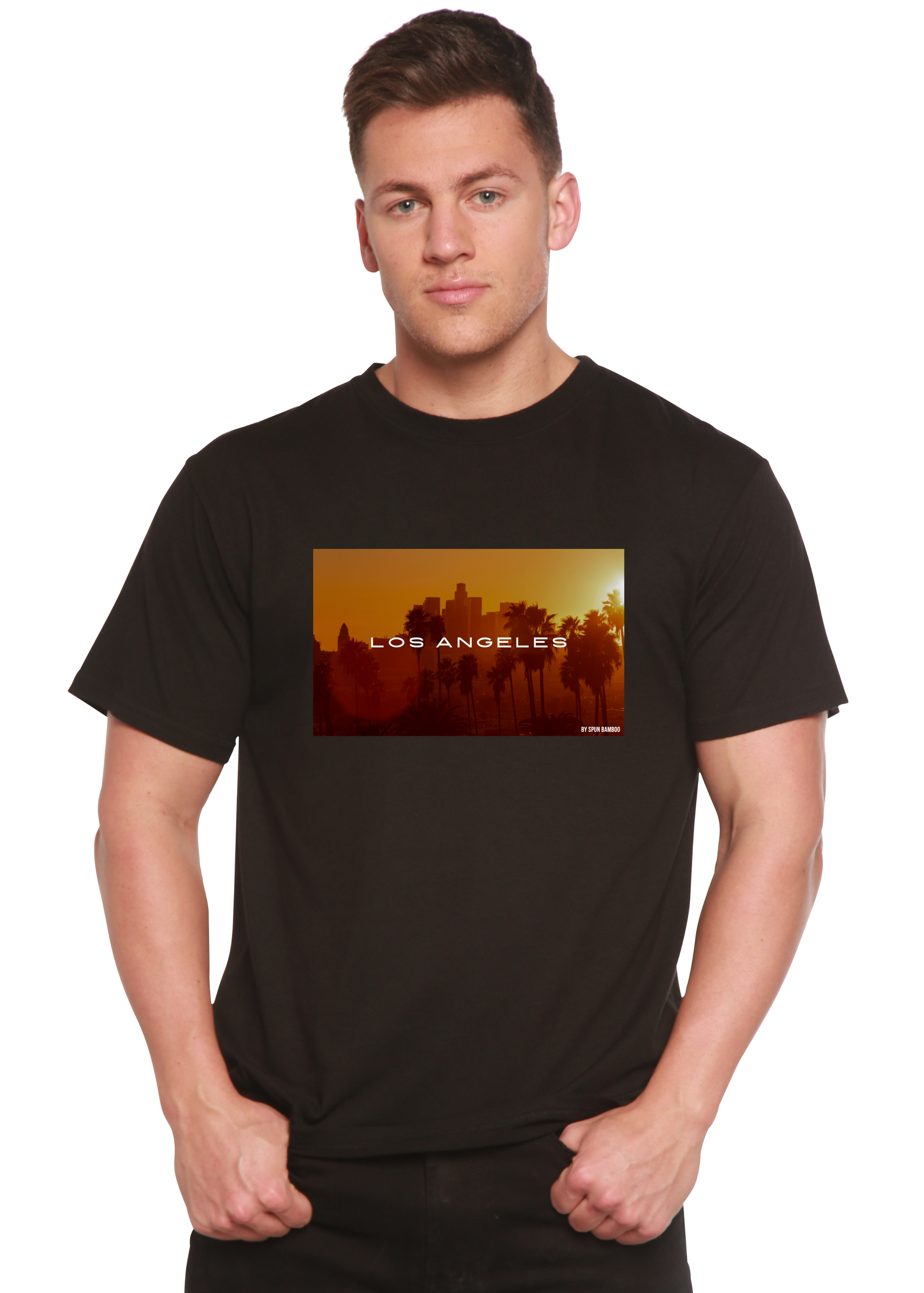 Los Angeles unisex bamboo graphic tee black with sunset cityscape print by Spun Bamboo on Tampa Home & Garden Store