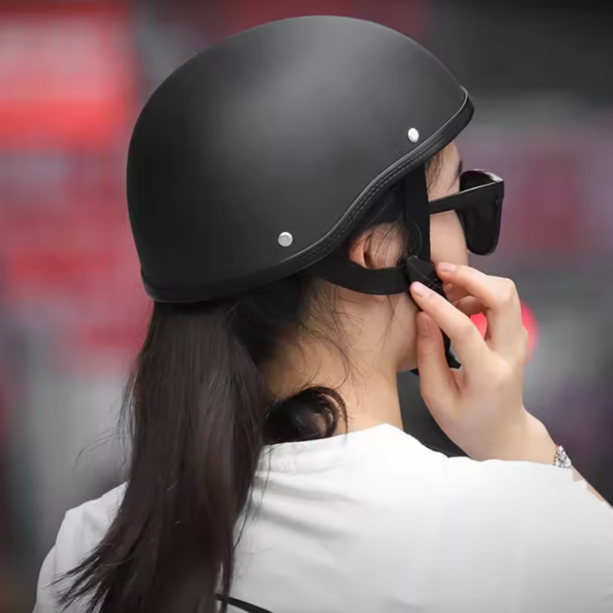 Vintage Motorcycle Cruiser Half Helmet by BikerZoneZ in matte black with rivets on Tampa Home & Garden Store