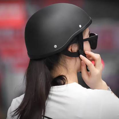 Vintage Motorcycle Cruiser Half Helmet by BikerZoneZ in matte black with rivets on Tampa Home & Garden Store