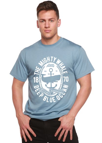 The Mighty Spun Bamboo men's short-sleeve graphic tee in light blue with a white circular anchor logo on Tampa Home & Garden Store