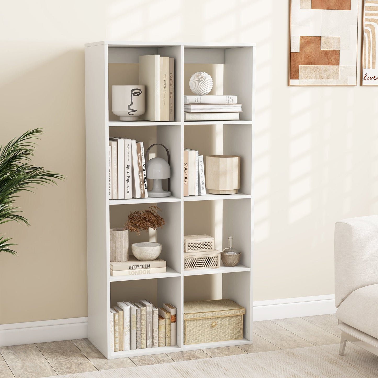 Estantería de 8 cubos con barandilla trasera para salón o dormitorio - Blanca
