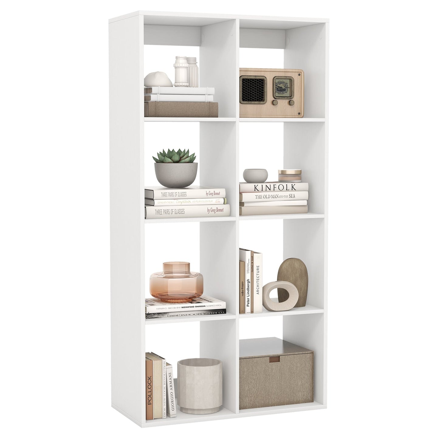 Estantería de 8 cubos con barandilla trasera para salón o dormitorio - Blanca
