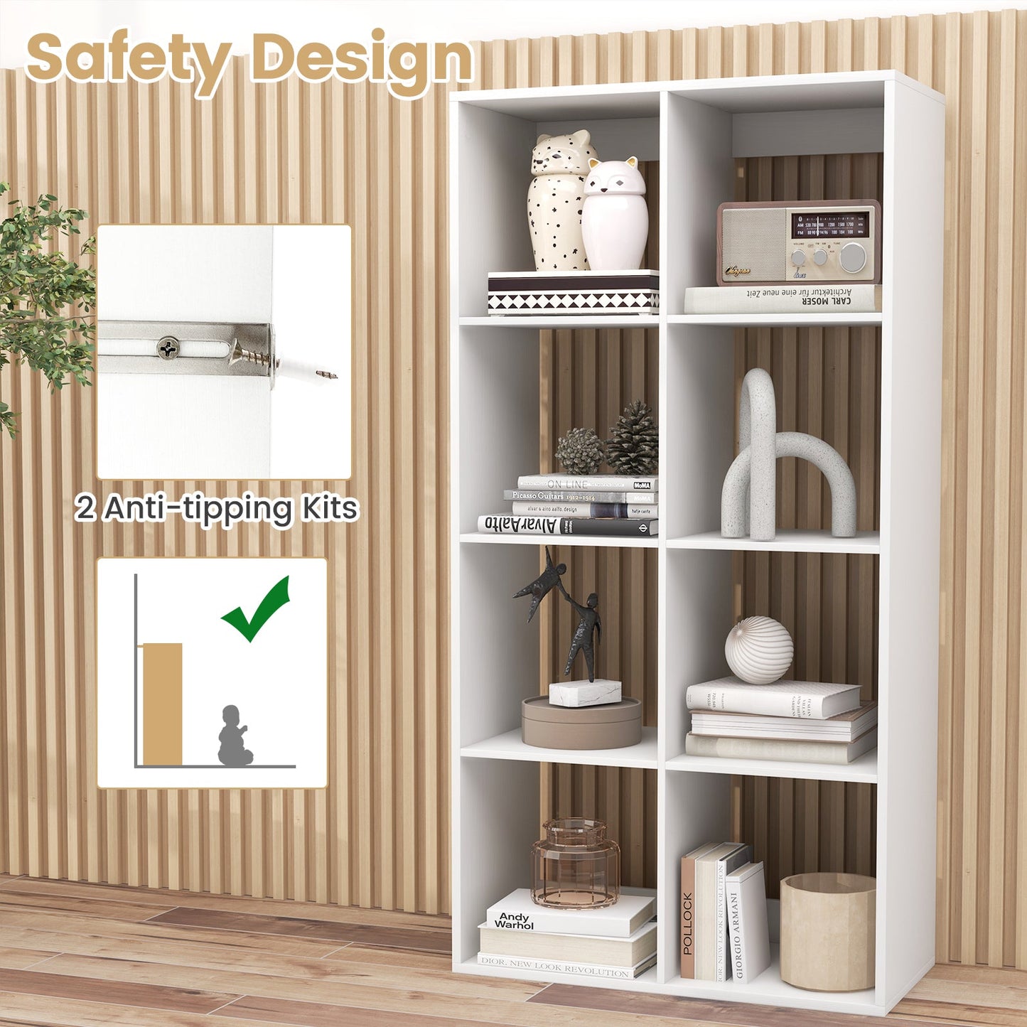 Estantería de 8 cubos con barandilla trasera para salón o dormitorio - Blanca
