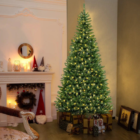 8 ft corner artificial Christmas tree with 1137 branch tips and 360 warm white LED lights in room on Tampa Home & Garden Store
