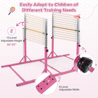 8 FT Double Horizontal Bars with 13-Level Adjustable Heights and 6-Level Adjustable Width-Pink