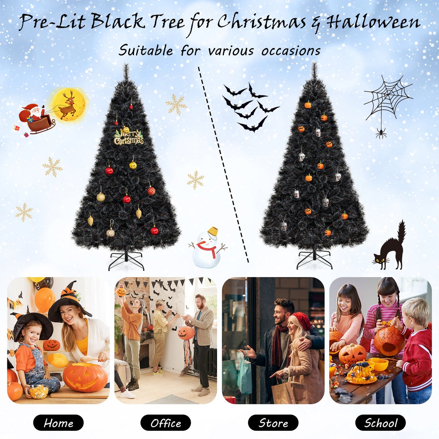 Árbol de Halloween o Navidad artificial negro de 6/7/8 pies con puntas de ramas de PVC y 210/320/450 luces LED blancas frías-L