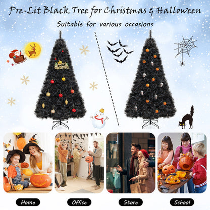 Árbol de Halloween o Navidad artificial negro de 6/7/8 pies con puntas de ramas de PVC y 210/320/450 luces LED blancas frías-L