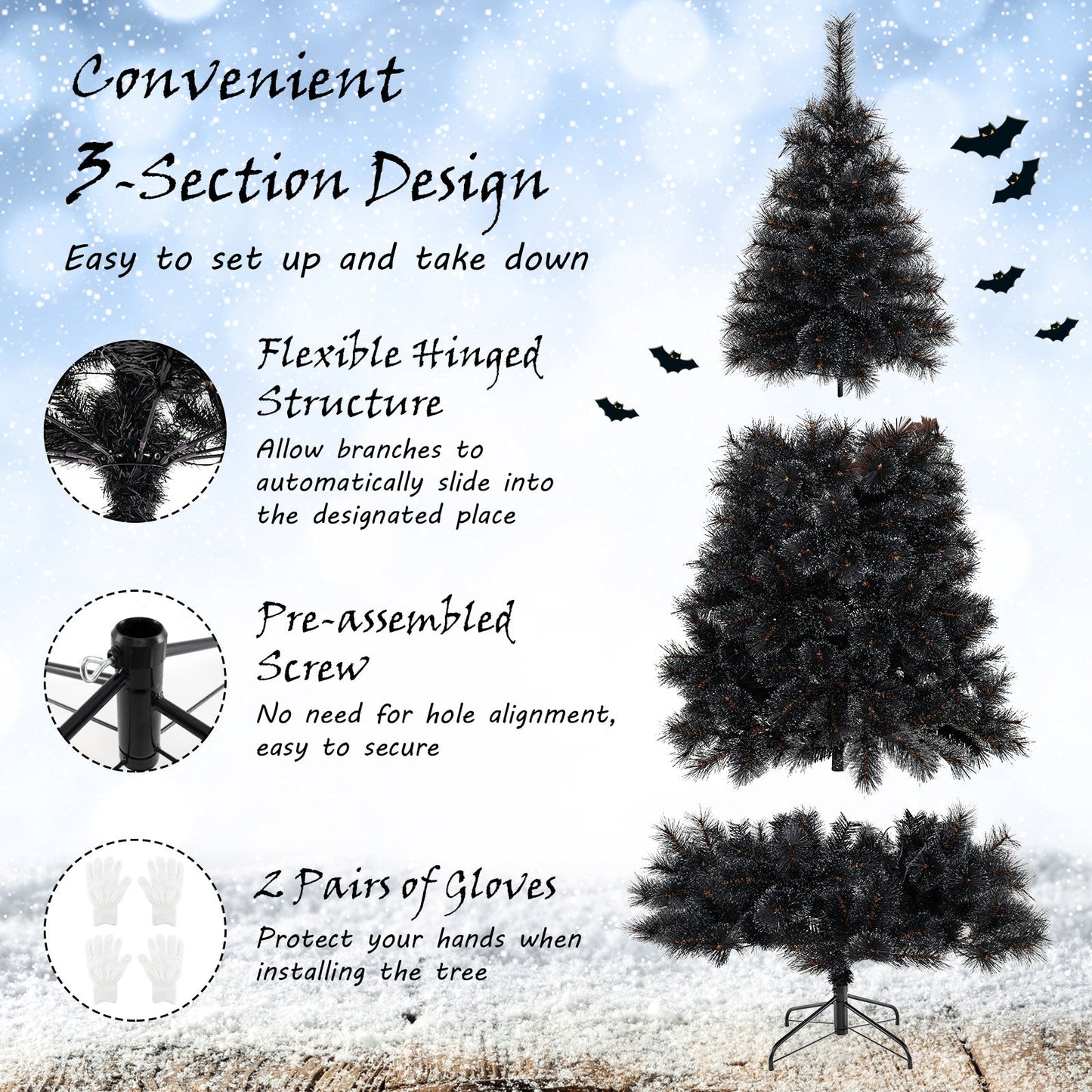 Árbol de Halloween o Navidad artificial negro de 6/7/8 pies con puntas de ramas de PVC y 210/320/450 luces LED blancas frías-L