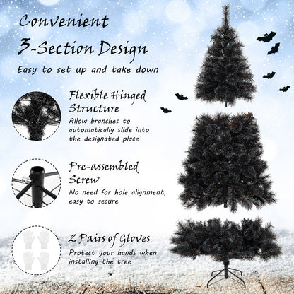 Árbol de Halloween o Navidad artificial negro de 6/7/8 pies con puntas de ramas de PVC y 210/320/450 luces LED blancas frías-L
