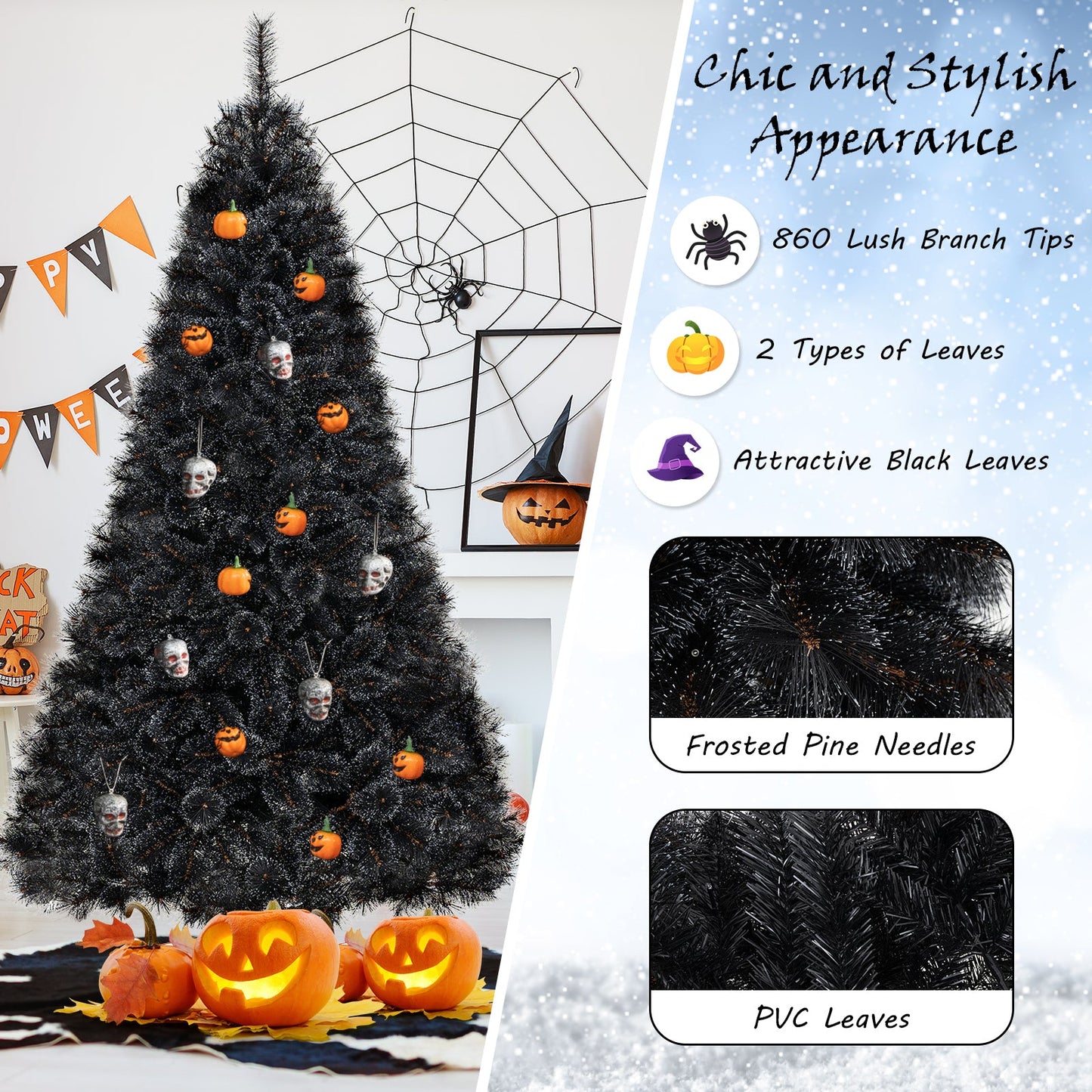 Árbol de Halloween o Navidad artificial negro de 6/7/8 pies con puntas de ramas de PVC y 210/320/450 luces LED blancas frías-L