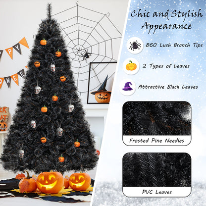 Árbol de Halloween o Navidad artificial negro de 6/7/8 pies con puntas de ramas de PVC y 210/320/450 luces LED blancas frías-L