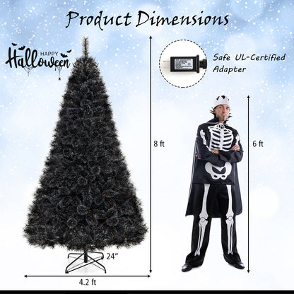 Árbol de Halloween o Navidad artificial negro de 6/7/8 pies con puntas de ramas de PVC y 210/320/450 luces LED blancas frías-L