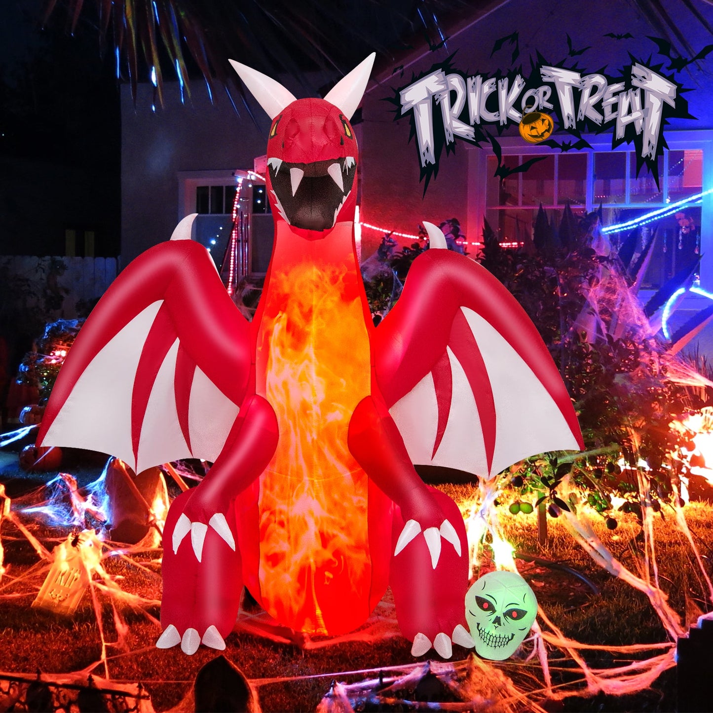 8 ft inflatable red dragon with white wings and sharp teeth DirectDeals Halloween decor on Tampa Home & Garden Store