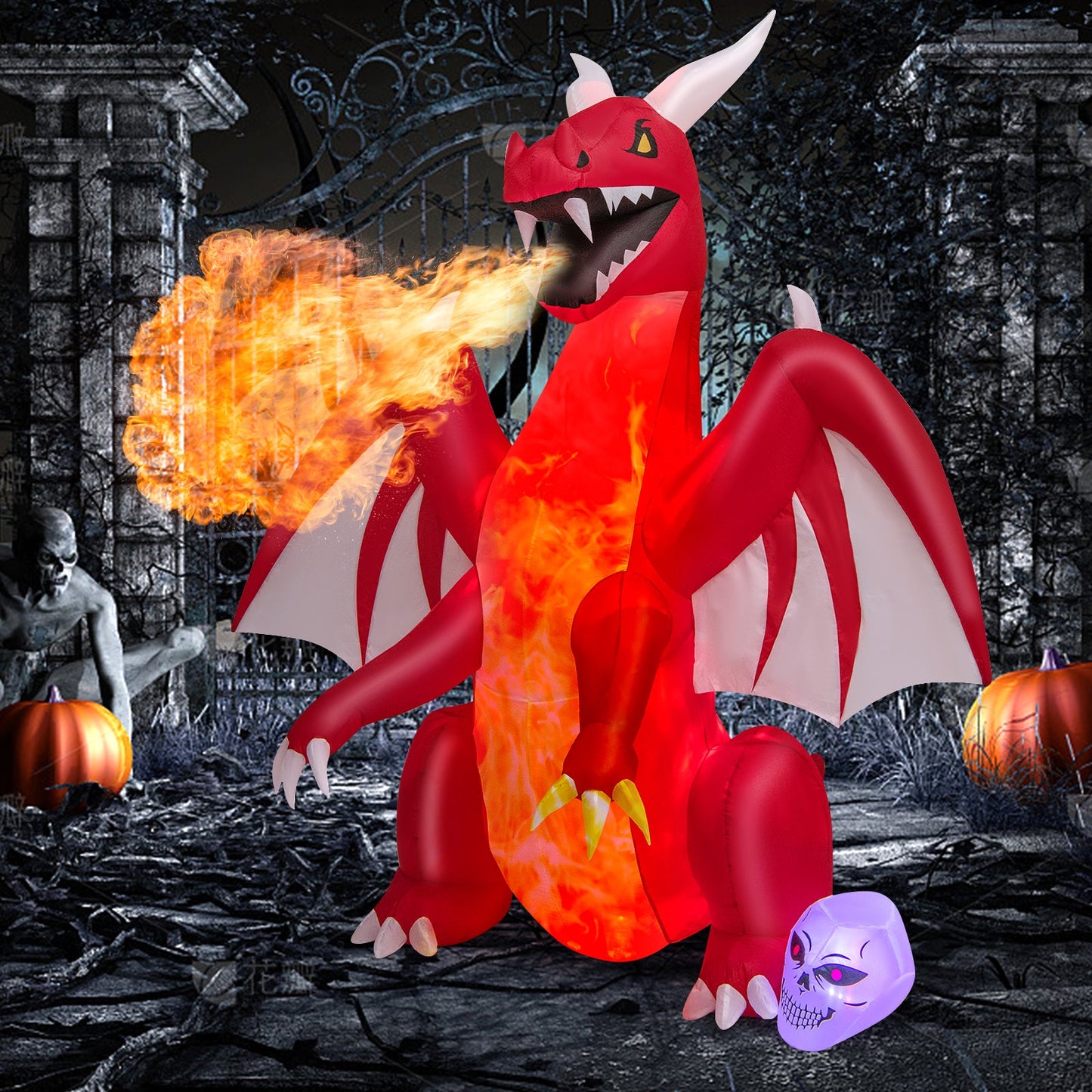8 ft DirectDeals red dragon inflatable with wings, fire-breathing Halloween decoration on Tampa Home & Garden Store