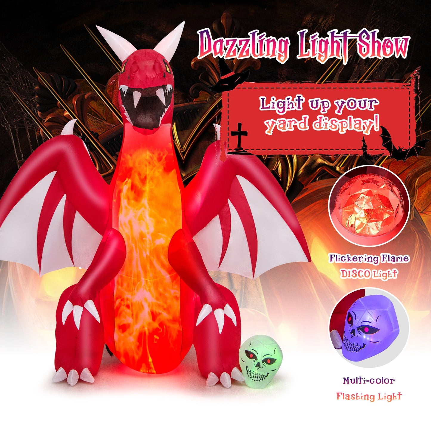 8 Feet Halloween Inflatable Red Dragon with Wings Skull by DirectDeals, flaming chest glow on Tampa Home & Garden Store