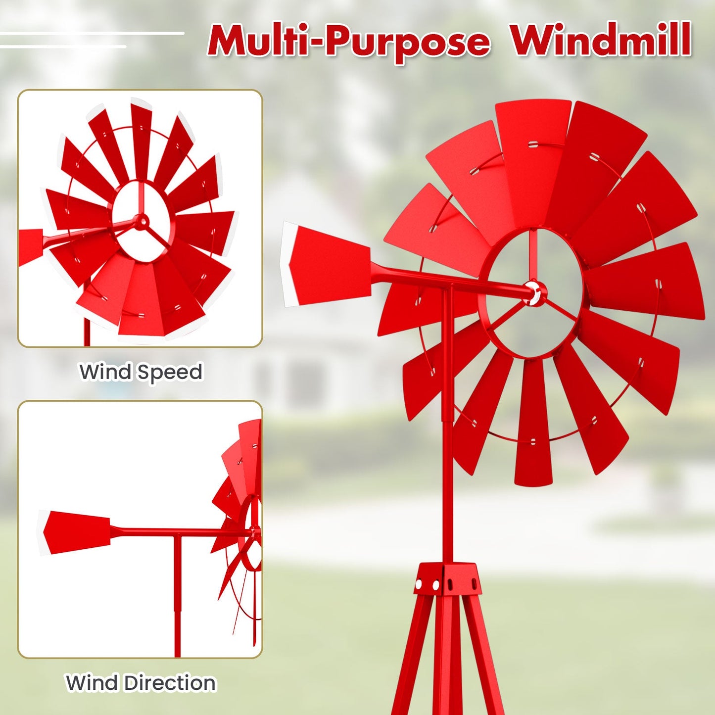8 Feet Windmill Metal Ornamental Wind Wheel Weather Resistant-Red