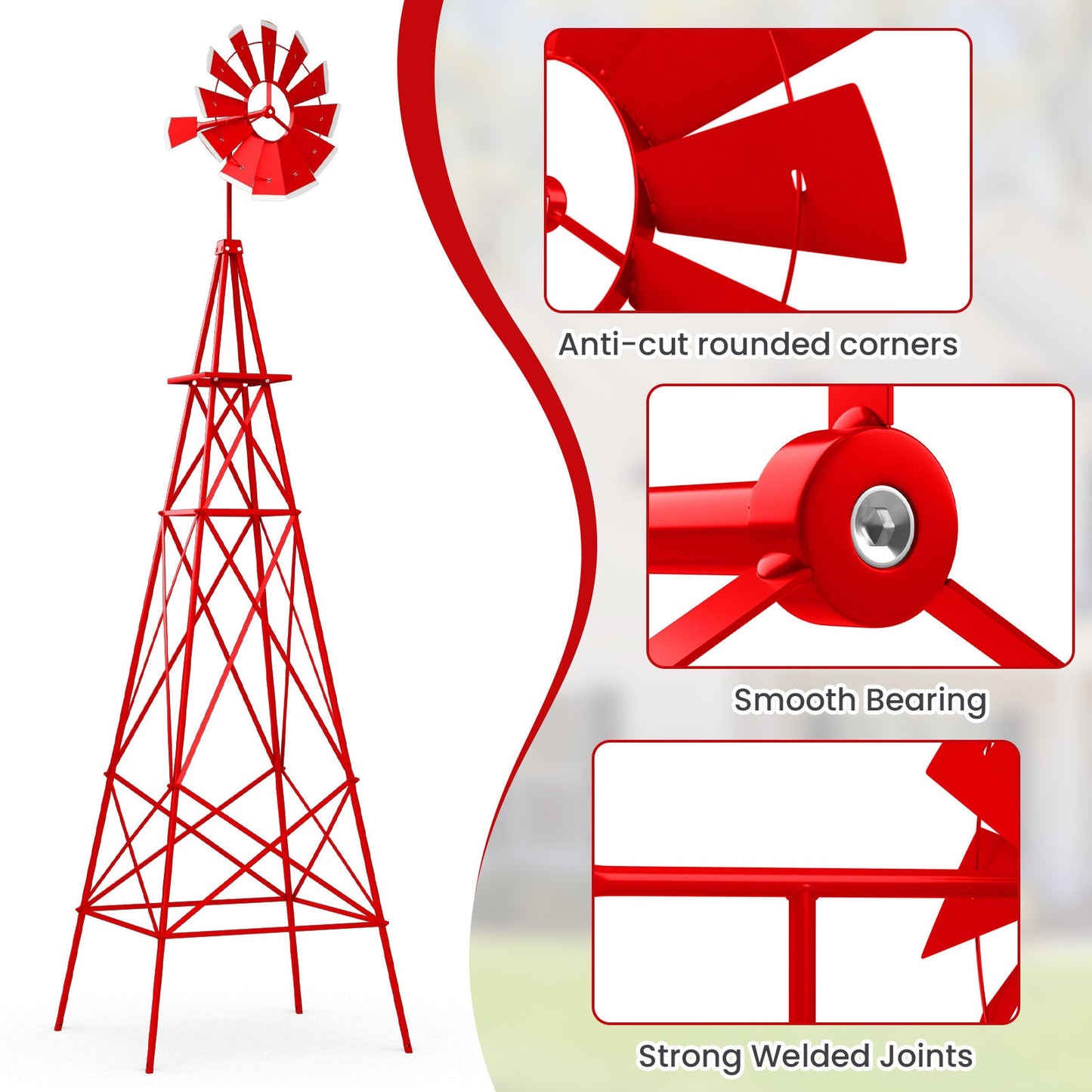 8 Feet Windmill Metal Ornamental Wind Wheel Weather Resistant-Red
