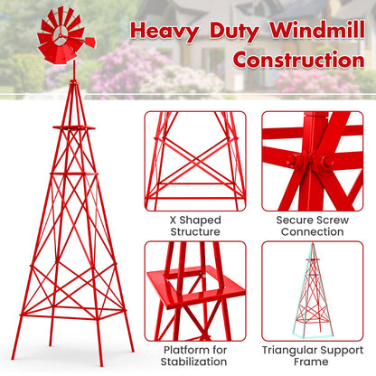 8 Feet Windmill Metal Ornamental Wind Wheel Weather Resistant-Red