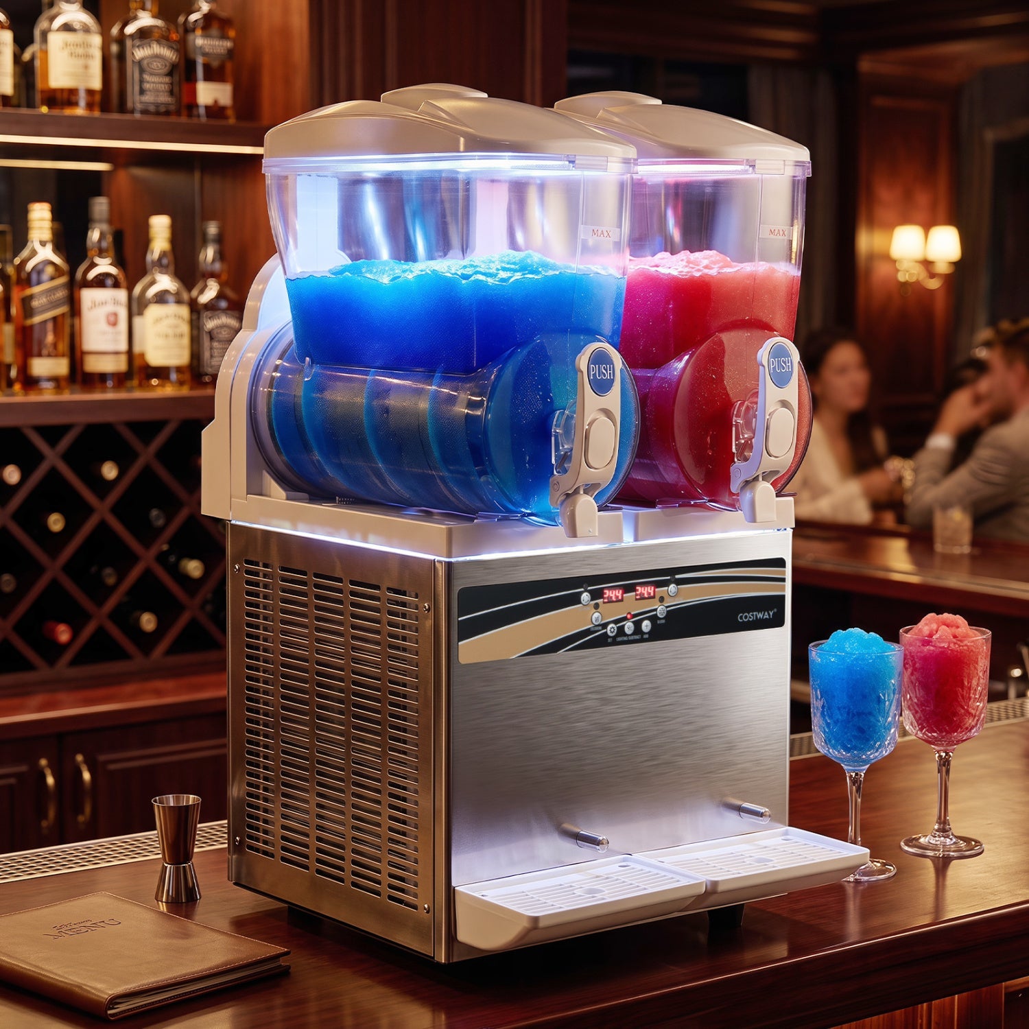 DirectDeals commercial slushie machine with dual 8-gallon tanks, blue and red slush, LED lights on Tampa Home & Garden Store