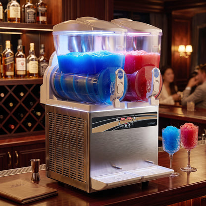 DirectDeals commercial slushie machine with dual 8-gallon tanks, blue and red slush, LED lights on Tampa Home & Garden Store